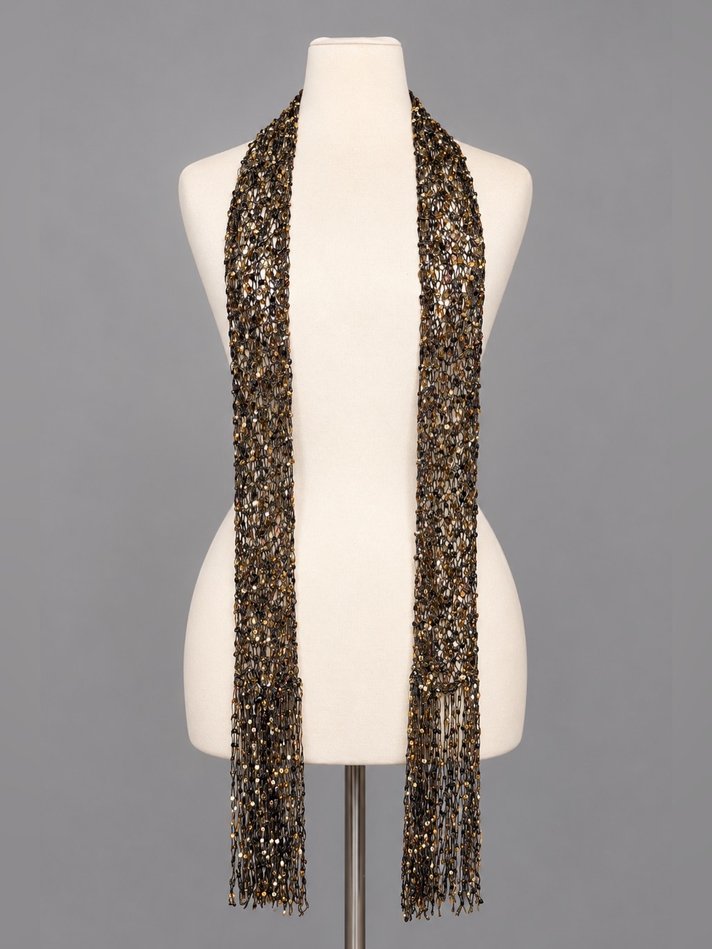 Womens Metallic Open Knit Skinny Scarf Black Gold Bronze Y2K Boho Glam